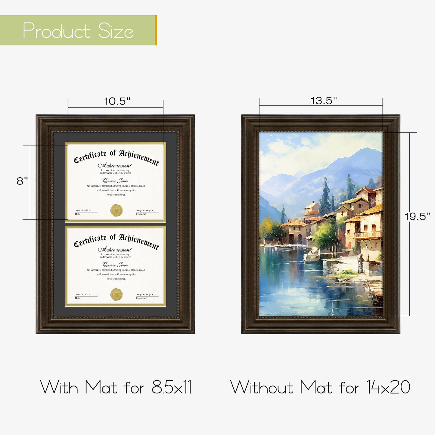 14x20 Diploma Frame with Black Over Gold Double Mat Displays Two 8.5x11 Certificates Brown Color (6 Pack)