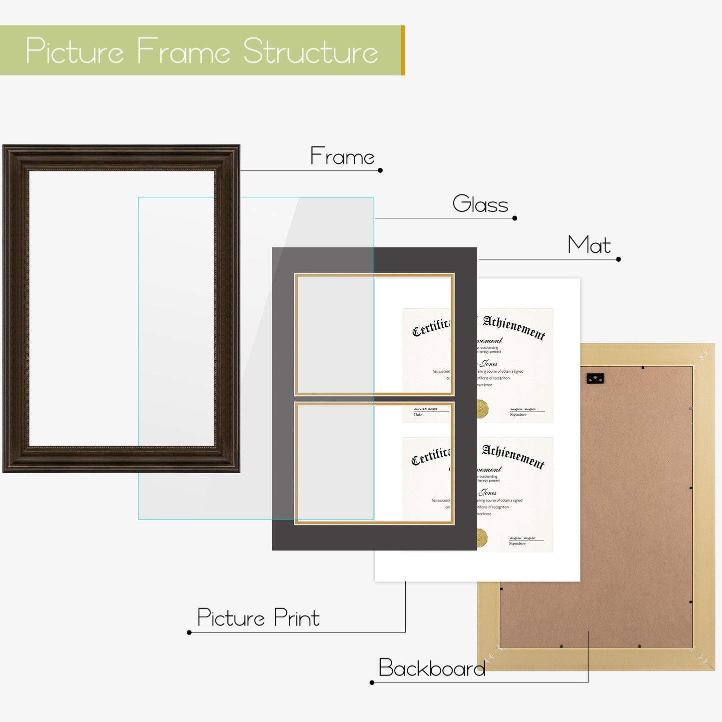 14x20 Diploma Frame with Black Over Gold Double Mat Displays Two 8.5x11 Certificates Brown Color (6 Pack)
