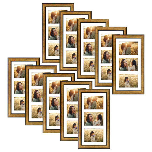 9x18 Collage Picture Frame with White Mat Displays Three 5x7 Photos  Dark Gold-Brown Color (10 Pack)