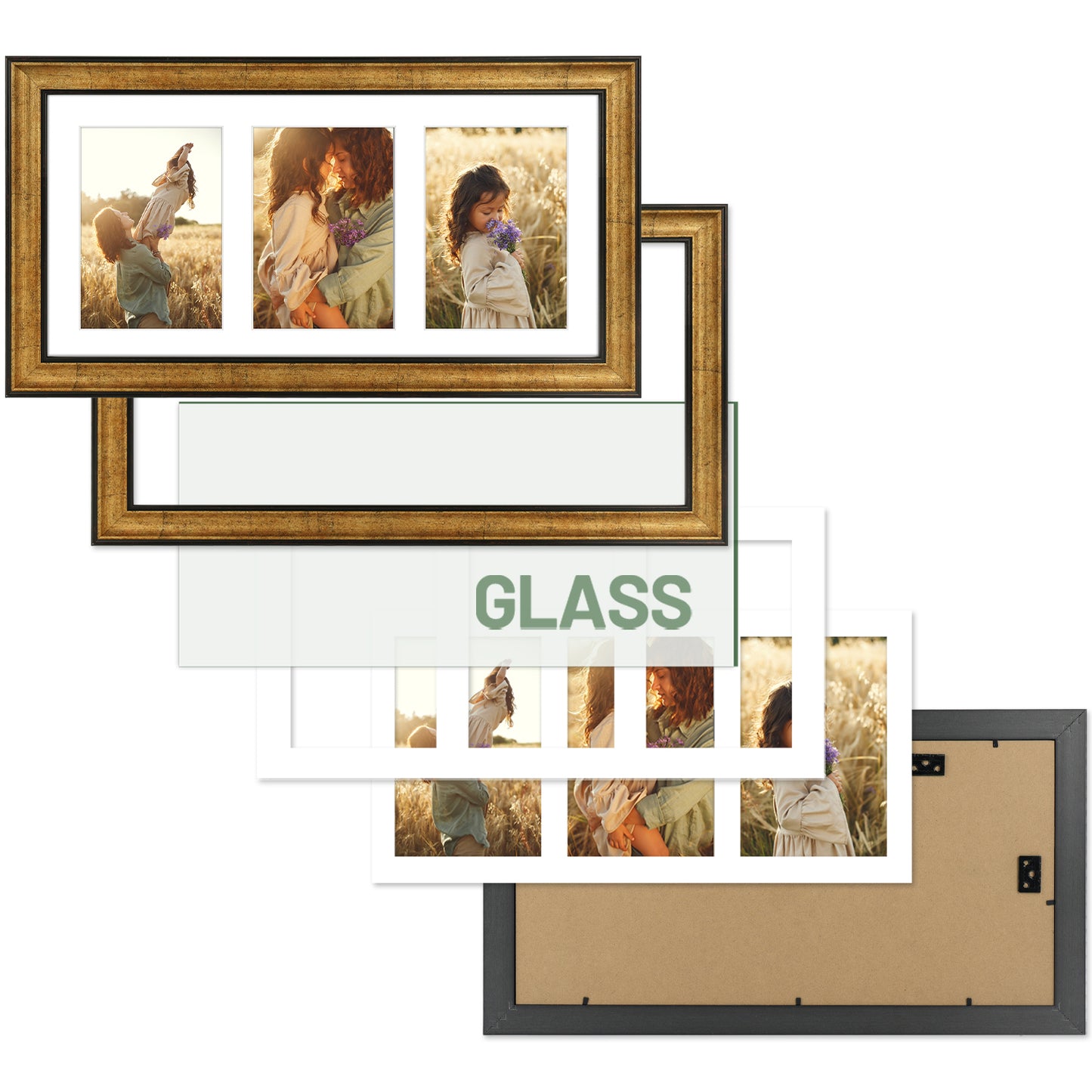 9x18 Collage Picture Frame with White Mat Displays Three 5x7 Photos Dark Gold-Brown Color (10 Pack)