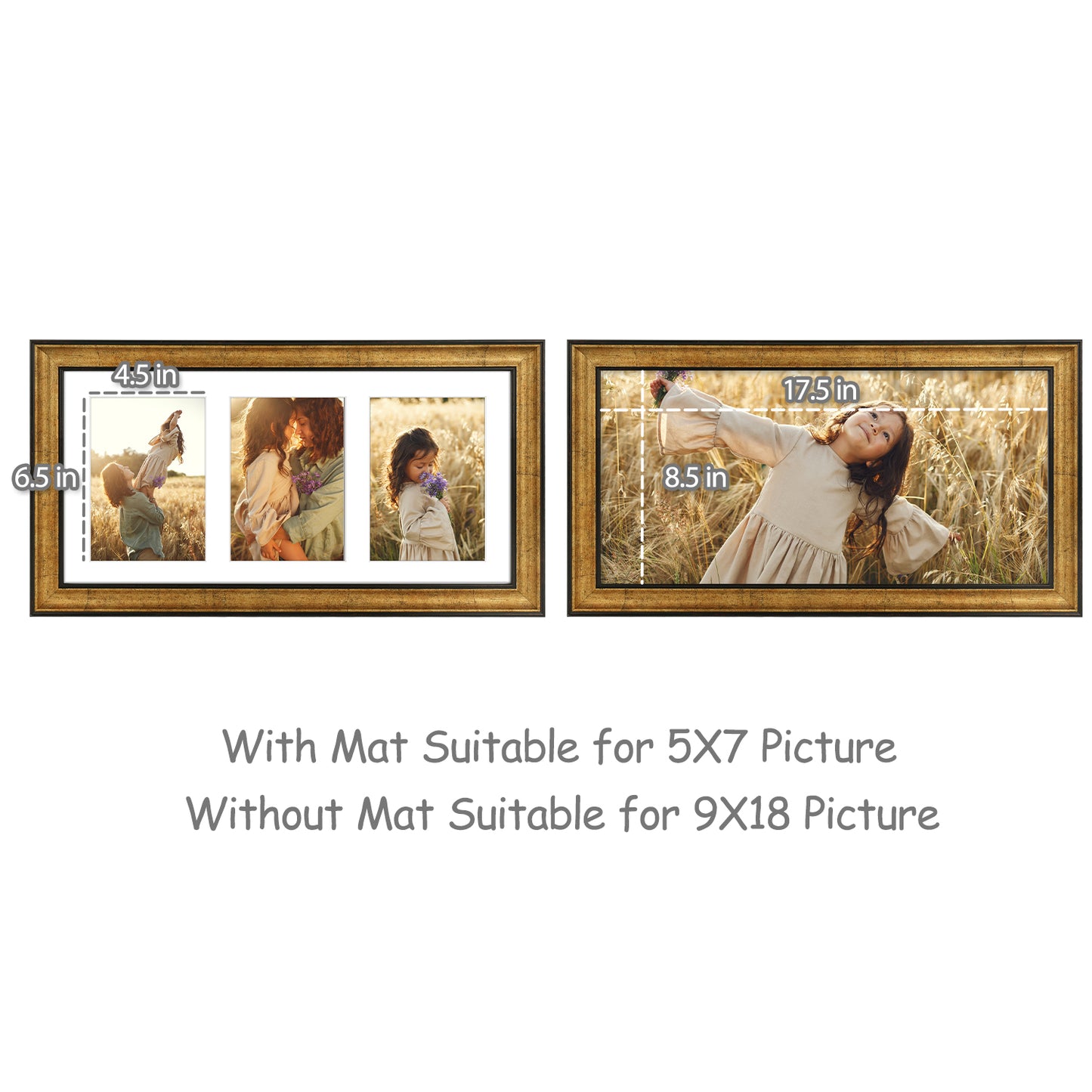 9x18 Collage Picture Frame with White Mat Displays Three 5x7 Photos Dark Gold-Brown Color (10 Pack)