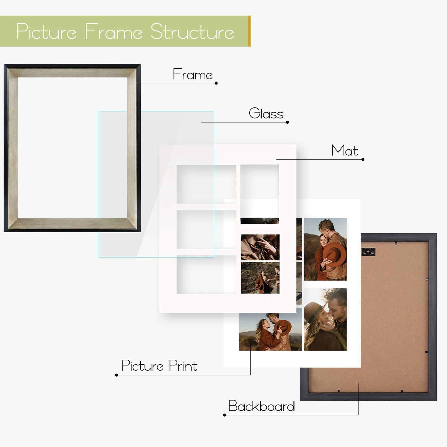11x14 Collage Picture Frame wit White Mat Displays Five 4x6 Photos Black/Silver Color (8 Pack)
