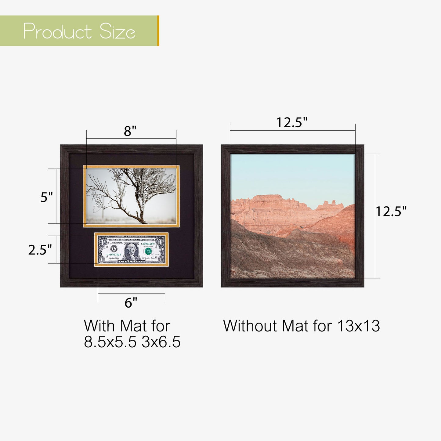 10.5x10.5 Picture Frame with 2 Opening Displays A 5.5x8.5 Business License and Dollar Bill Black Over Gold Double Mat, Wall Mounting Dark Brown Textured (10 Pack)