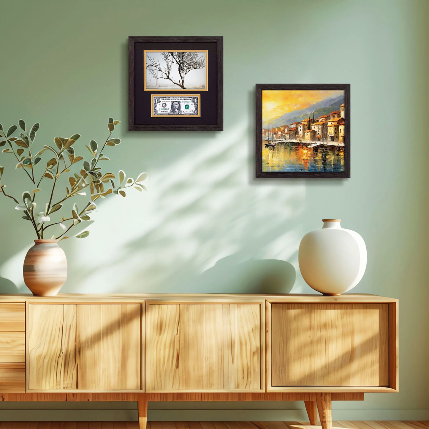 10.5x10.5 Picture Frame with 2 Opening Displays A 5.5x8.5 Business License and Dollar Bill Black Over Gold Double Mat, Wall Mounting Dark Brown Textured (10 Pack)