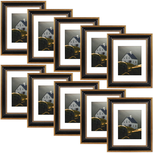 Frametory,11x14 Photo Frame with White Mat for 8x10 Picture Ornate Gold/Black (10 Pack)