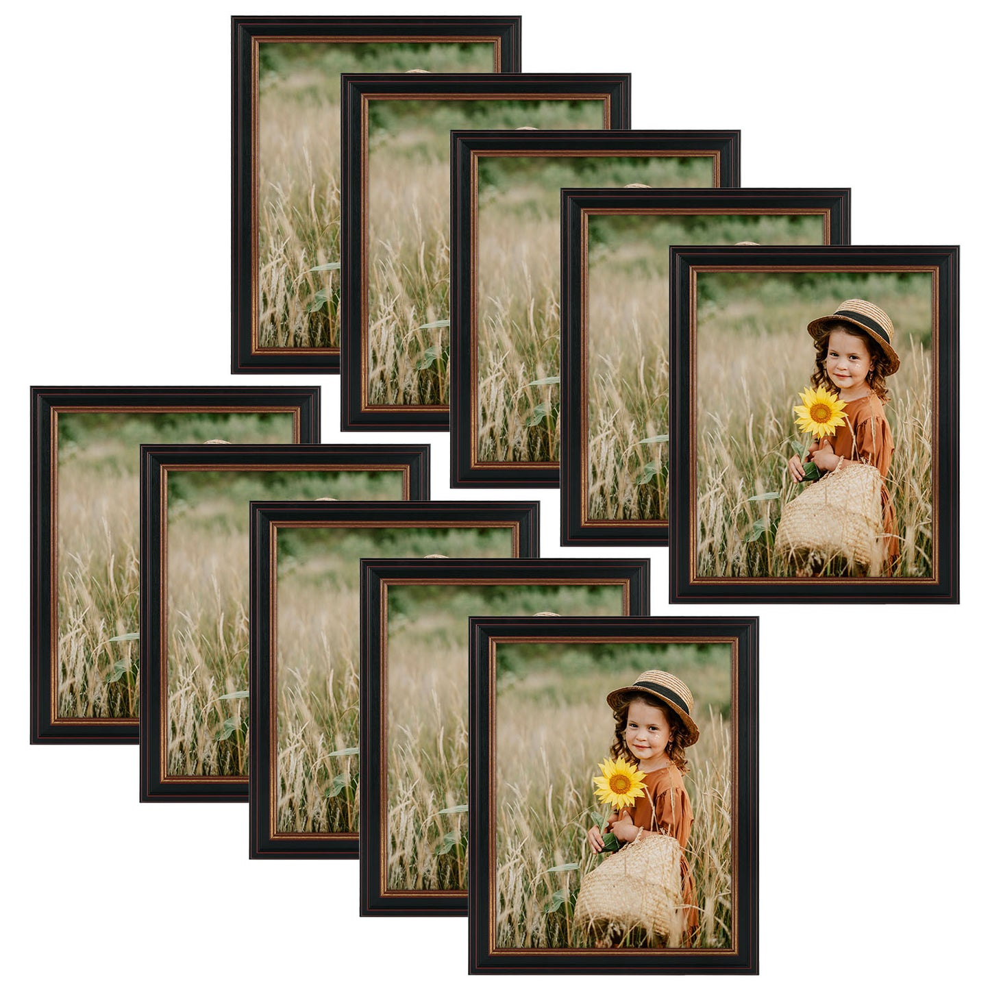 11x14 Black Picture Frame with Burgundy and Gold Trim with White Mat for 8x10 Photo (10 Pack)