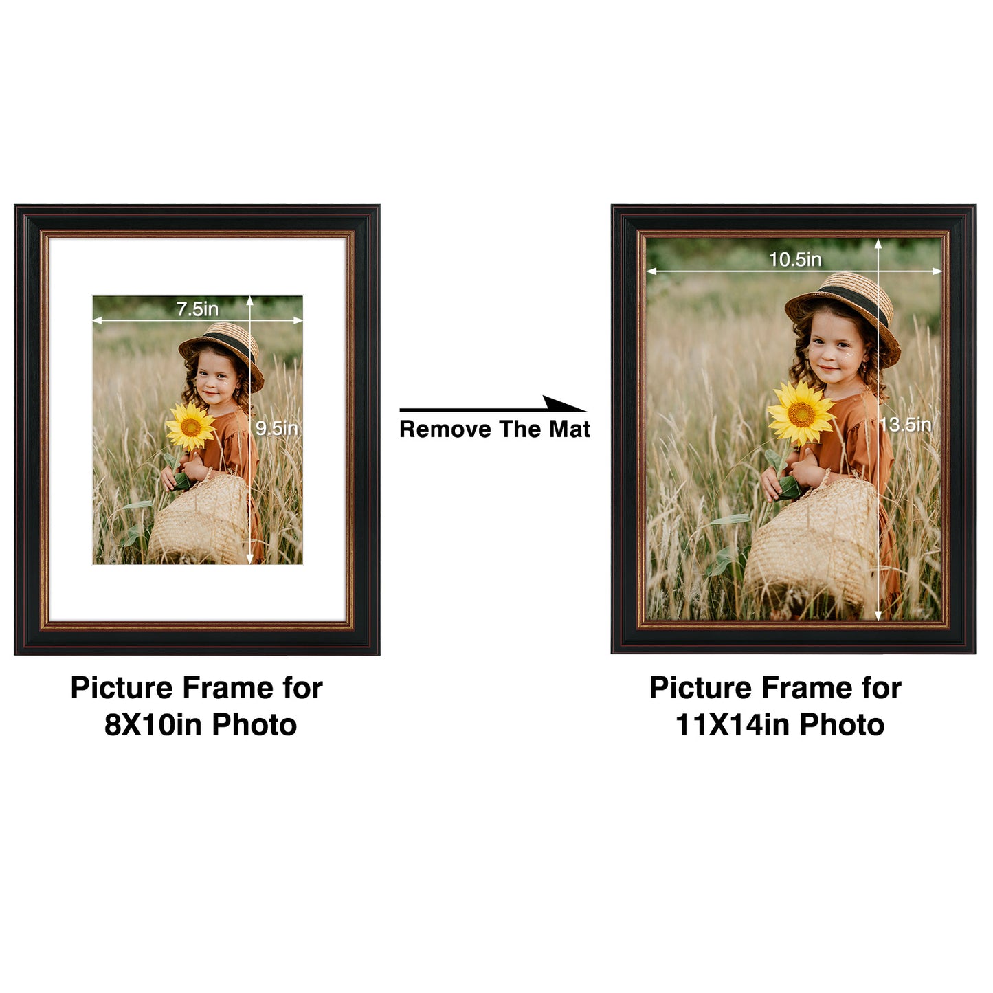 11x14 Black Picture Frame with Burgundy and Gold Trim with White Mat for 8x10 Photo (10 Pack)