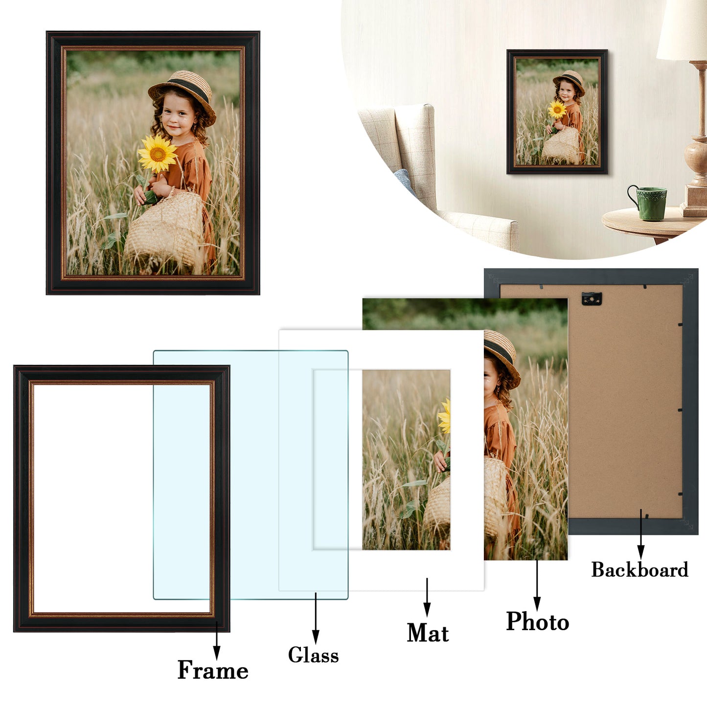 11x14 Black Picture Frame with Burgundy and Gold Trim with White Mat for 8x10 Photo (10 Pack)