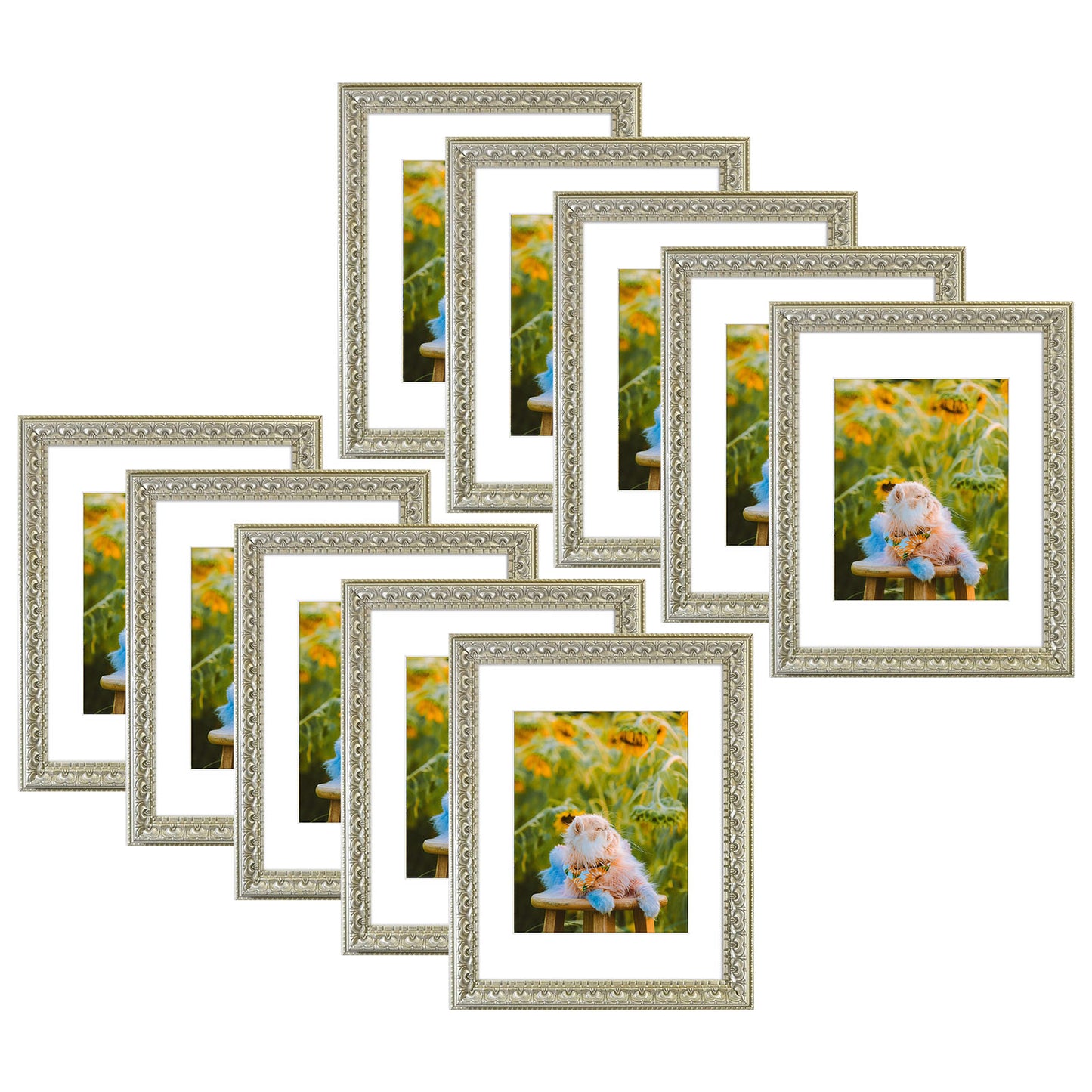 11x14 Ornate Photo Frame with White Mat for 8x10 Picture Silver Beige Color (10 Pack)