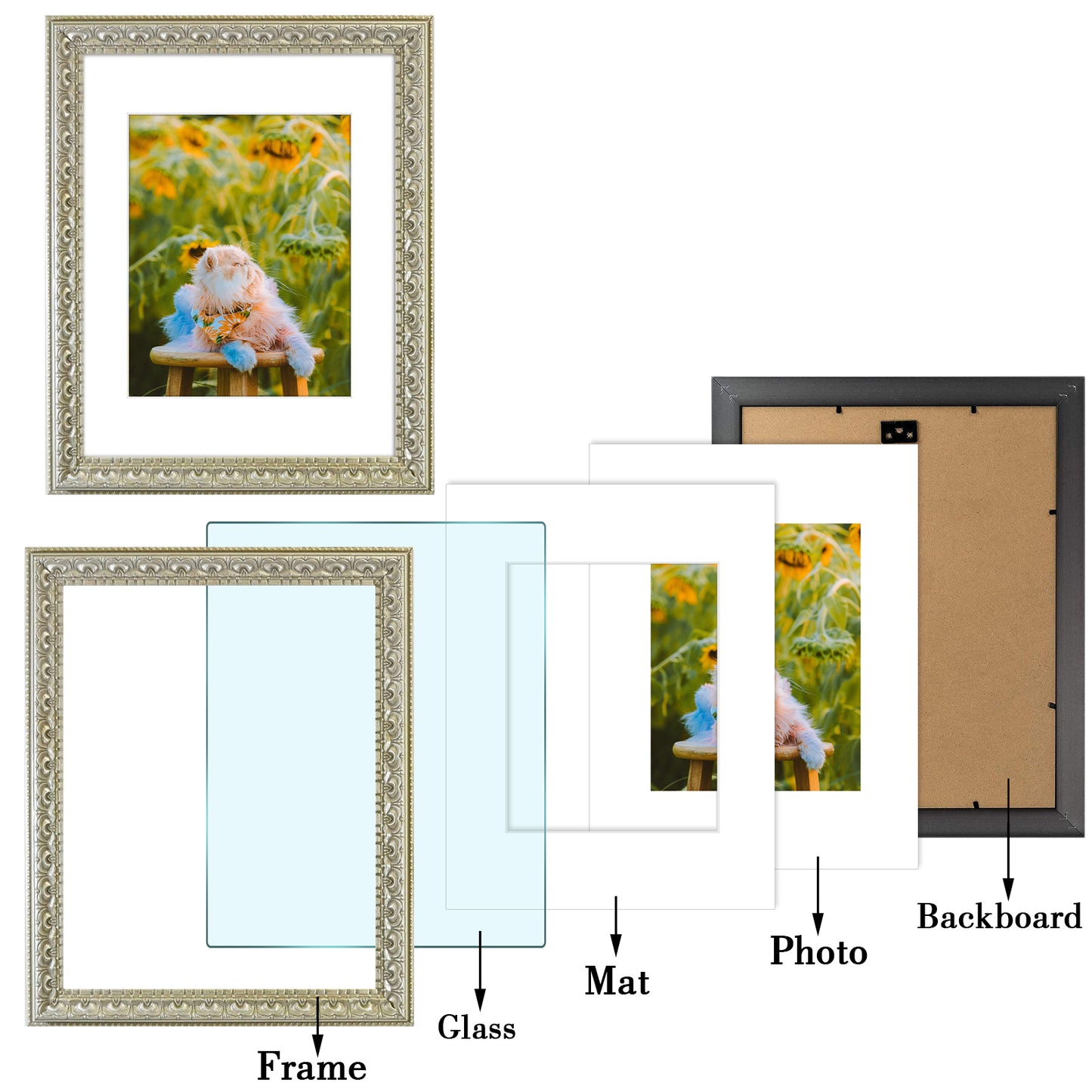 11x14 Ornate Photo Frame with White Mat for 8x10 Picture Silver Beige Color (10 Pack)