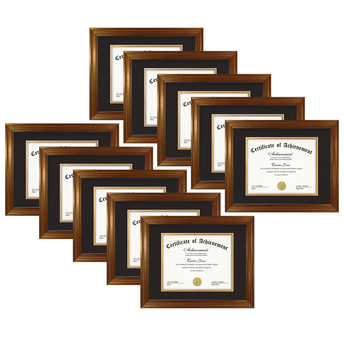 11x14 Diploma Frame with Black over Gold Double Mat for 8x10 Certificate Dark Gold Color (10 Pack)