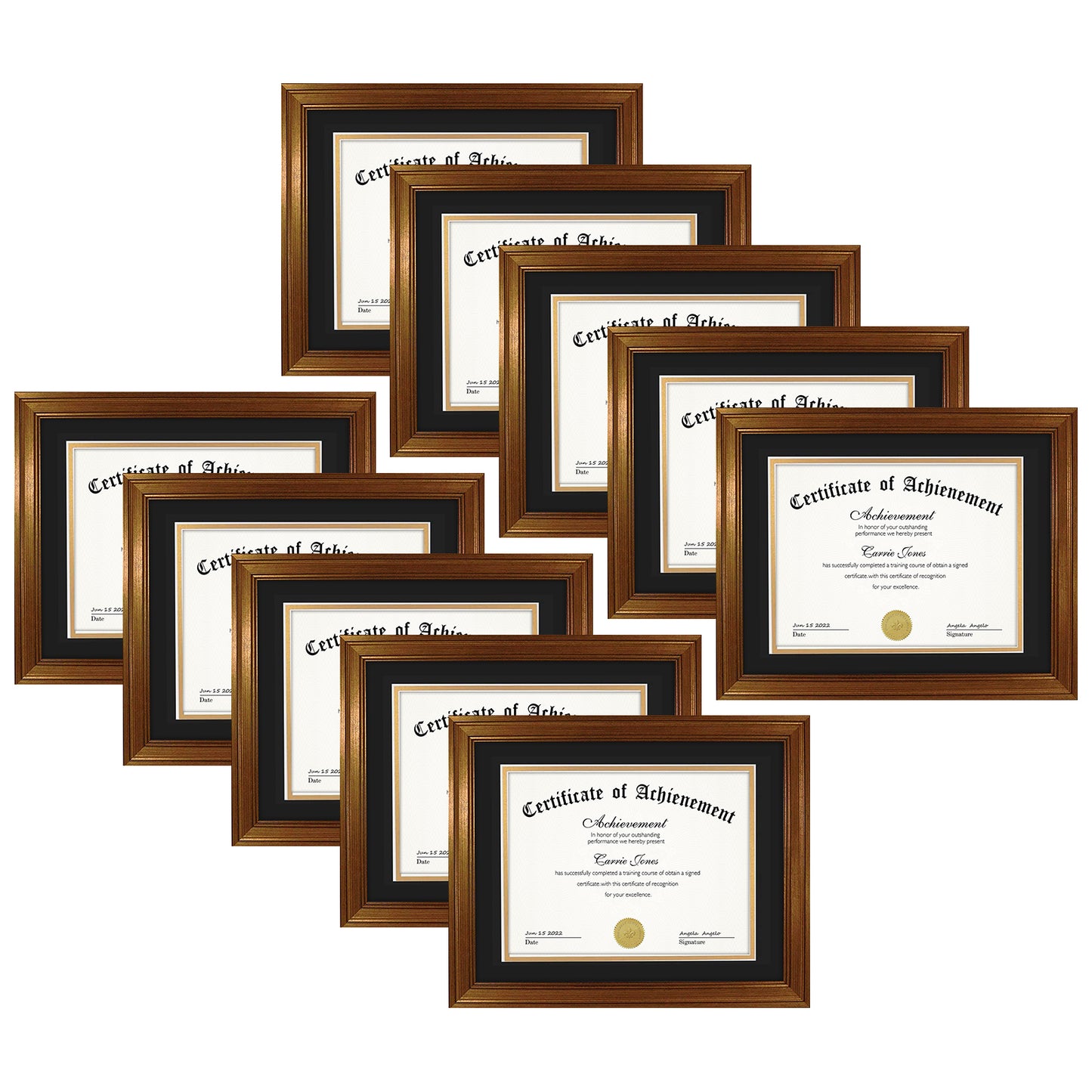 11x14 Diploma Frame with Black over Gold Double Mat for 8.5x11 Certificate Dark Gold Color (10 Pack)