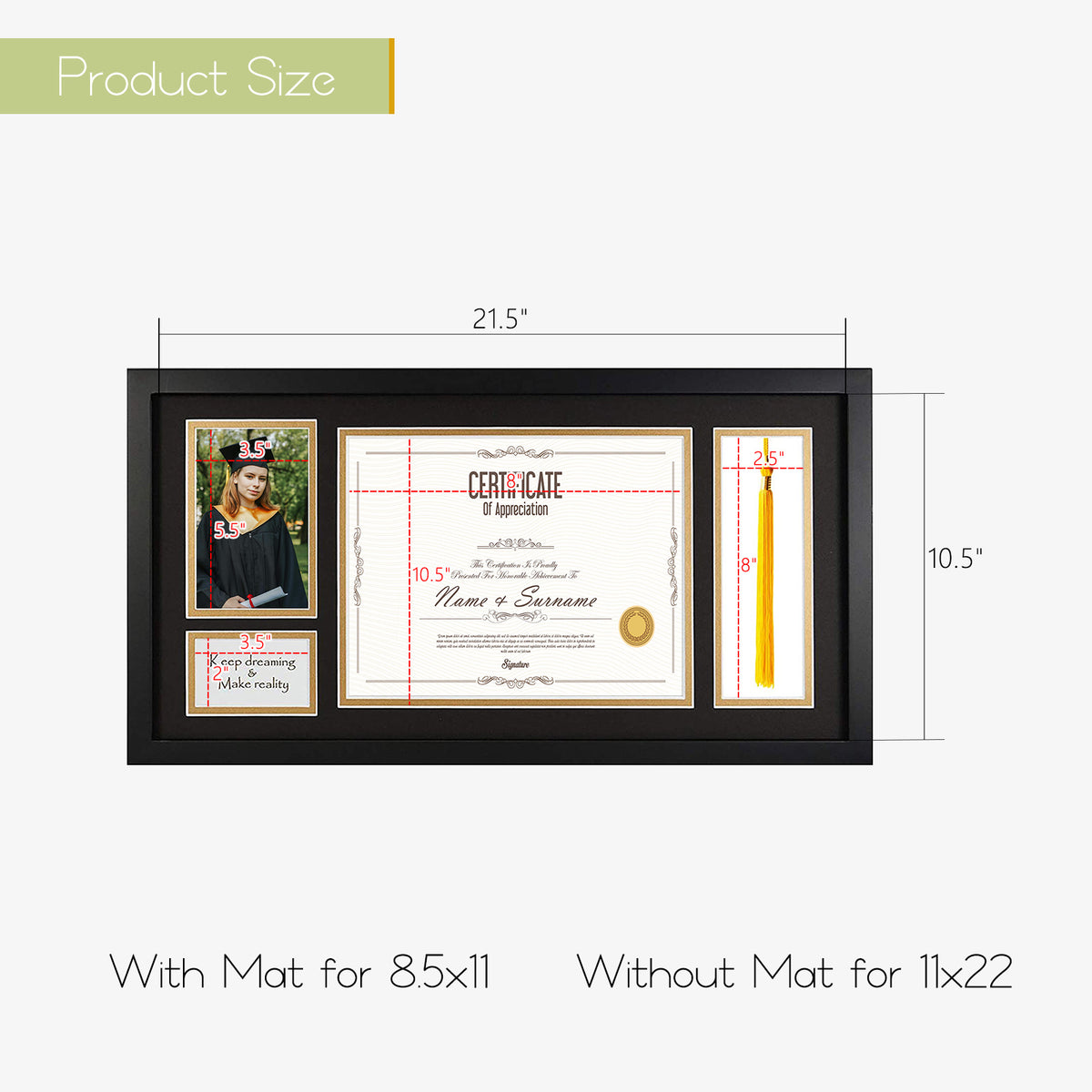 Clearance 11x22 Diploma Frame for 8.5x11 Certificate and 4x6 Picture (6 Pack)