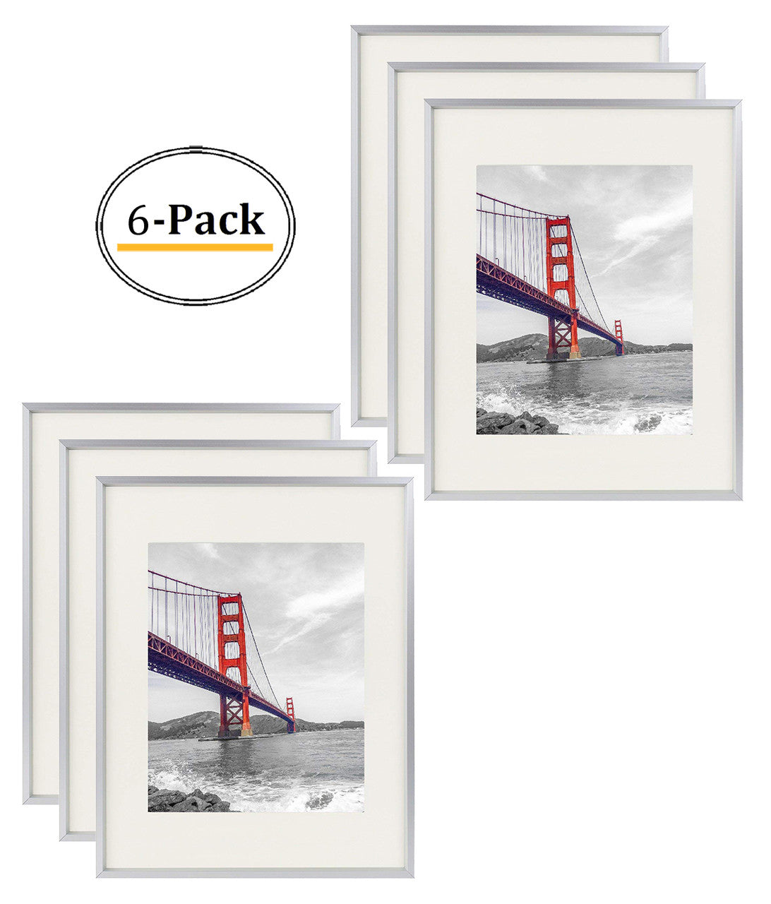 11x14 Aluminum Picture Frame for 8x10 Photo with Ivory Mat and Real Glass (6 Pack)
