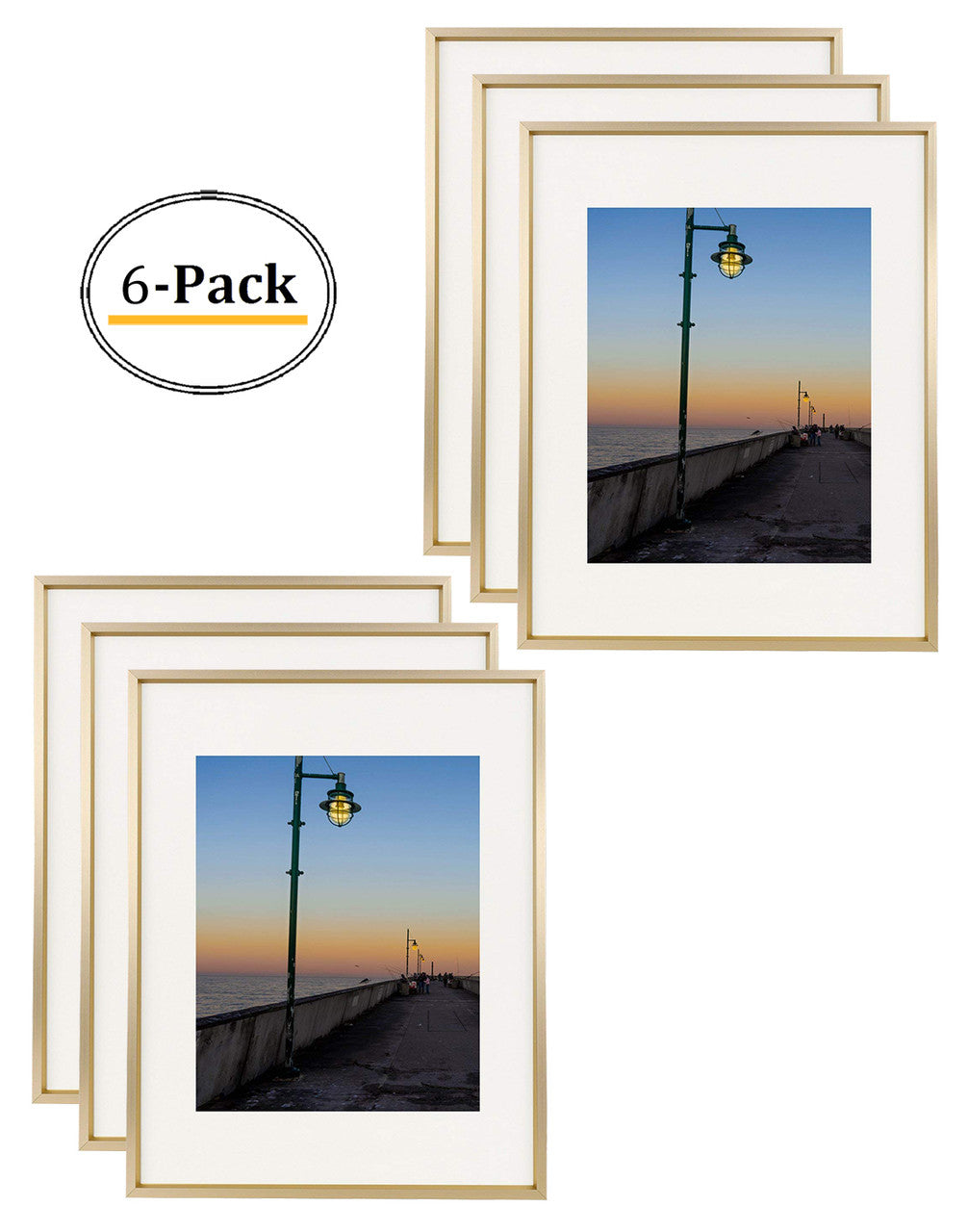 11x14 Aluminum Picture Frame for 8x10 Photo with Ivory Mat and Real Glass (6 Pack)