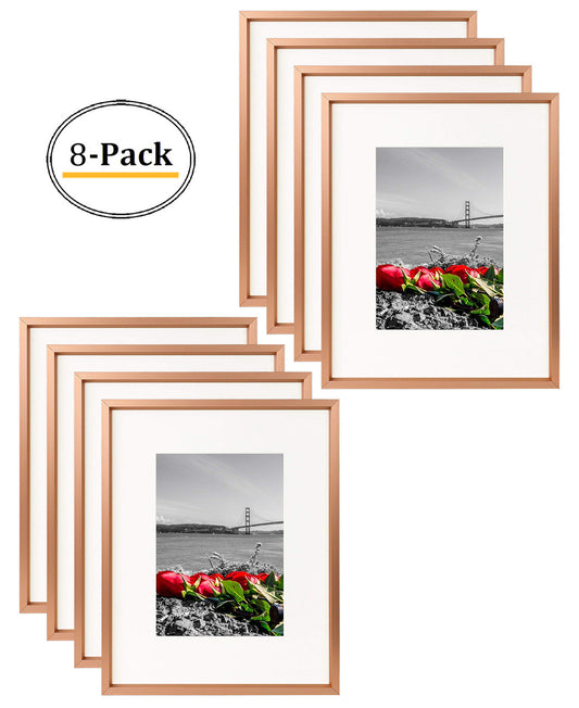 8x10 Rose Gold Picture Frame Metal for 5x7 Photo with Ivory Mat (8 Pack)