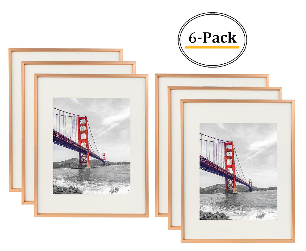 11x14 Rose Gold Picture Frame Metal for 8x10 Photo with Ivory Mat (6 Pack)