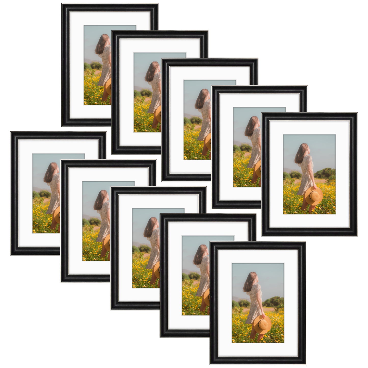 12x16 Picture Frame with White Mat for 8x12 Photo Silver Trim Black-Dark Brown Inner Panel (10 Pack)