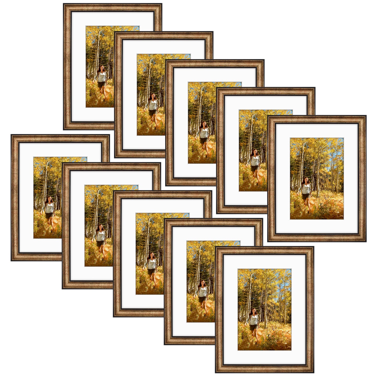 12x16 Picture Frame with White Mat for 8x12 Photo Black Trim Gold Color (10 Pack)