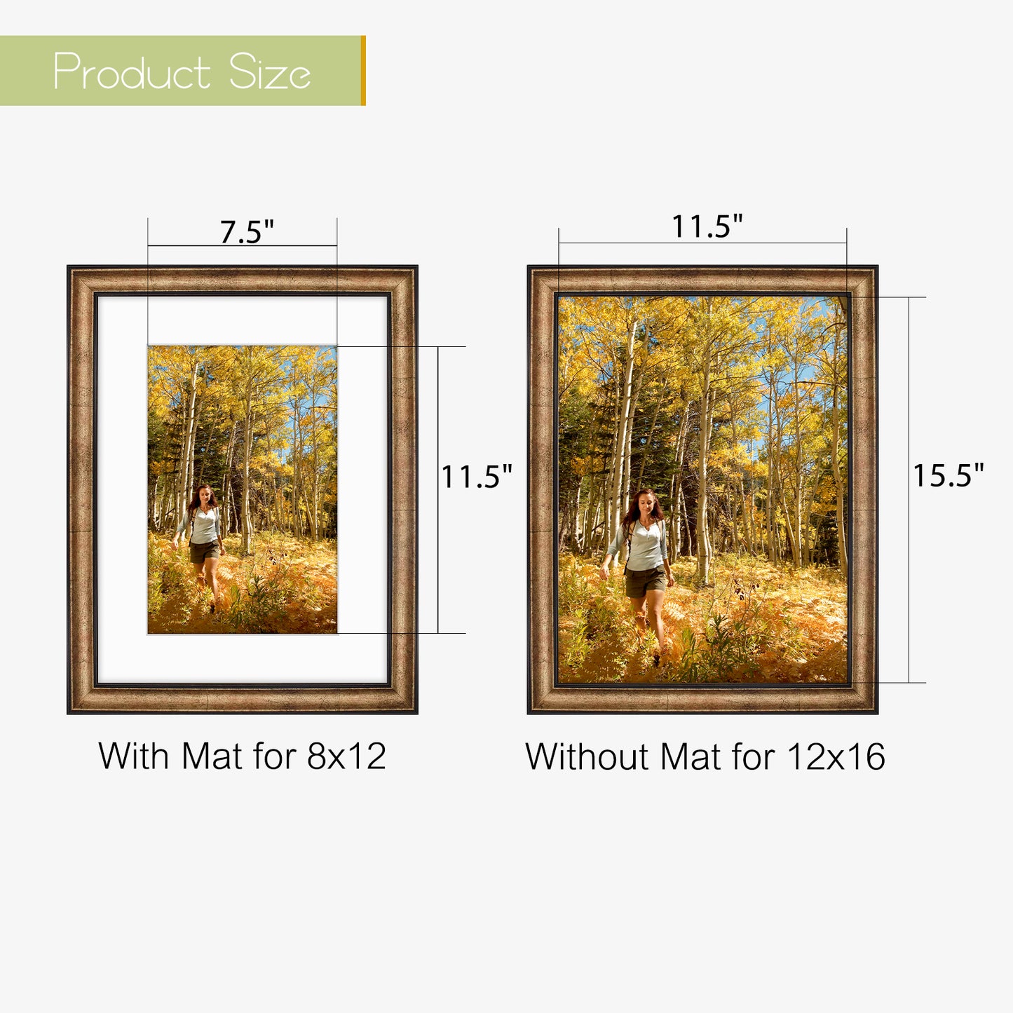 12x16 Picture Frame with White Mat for 8x12 Photo Black Trim Gold Color (10 Pack)
