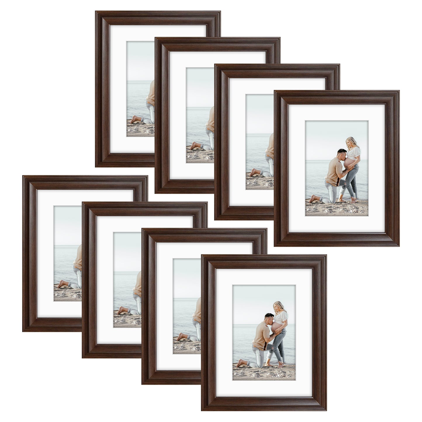 12x16 Raised Brown Frame with White Mat for 8x12 Pictures Tempered Glass (8 Pack)