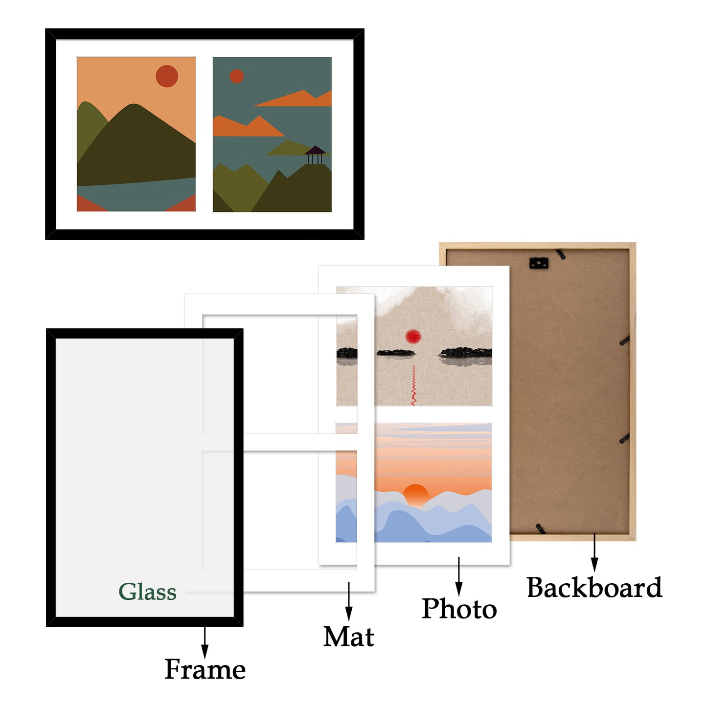 Frametory, 12x19 Wood Picture Frame For Two 8x10 Photo Black (8 Pack)