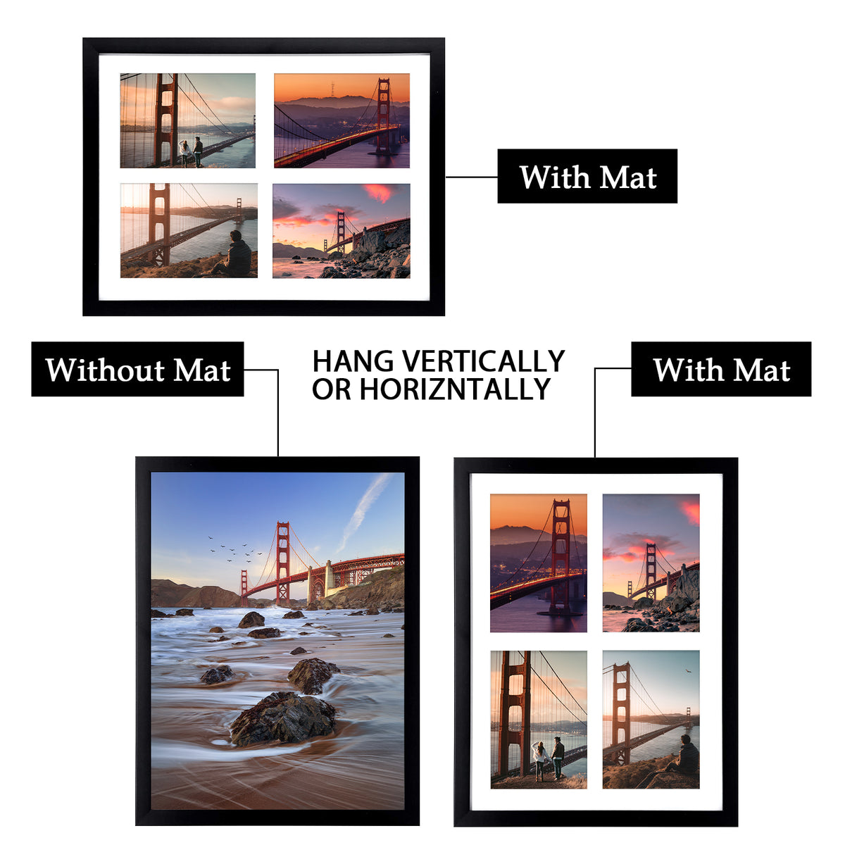 Frametory, 12x16 Collage Picture Frame Displays Four 5x7 Photos Black (8 Pack)