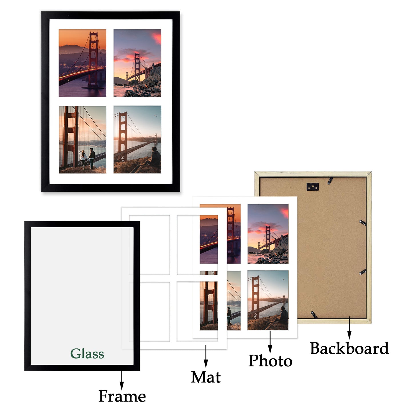 Frametory, 12x16 Collage Picture Frame Displays Four 5x7 Photos Black (8 Pack)