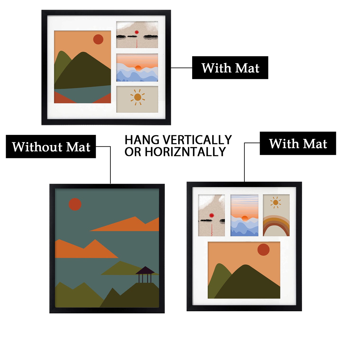 14x16 Collage Picture Frames with White Mat For One 8x10 And Three 4x6 Photos Black Color (8 Pack)