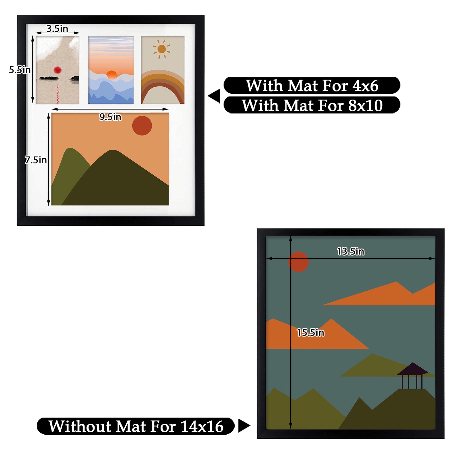 14x16 Collage Picture Frames with White Mat For One 8x10 And Three 4x6 Photos Black Color (8 Pack)