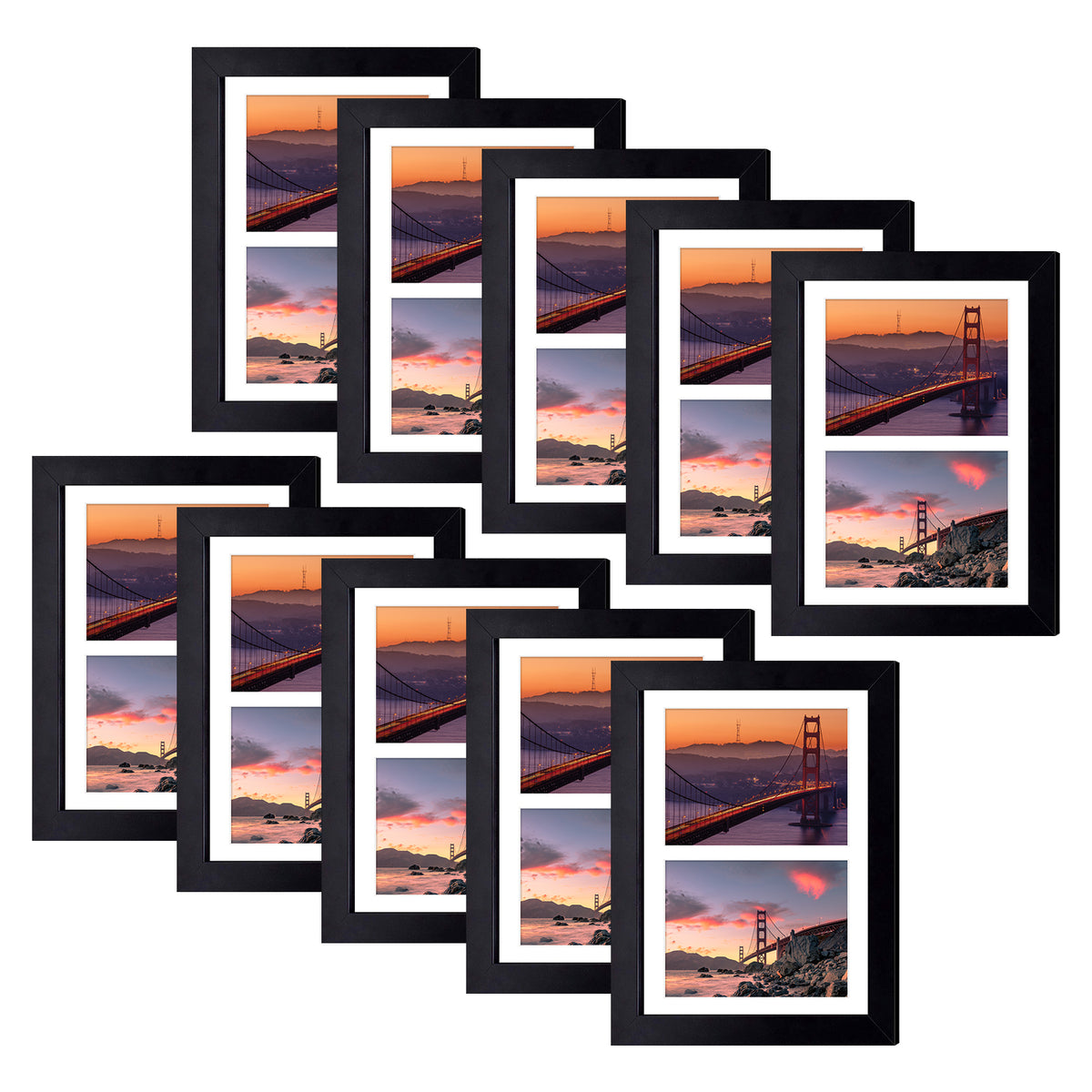 Frametory, 8.5x11 Wood Picture Frame for Two 5x7 Photos Black (10 Pack)
