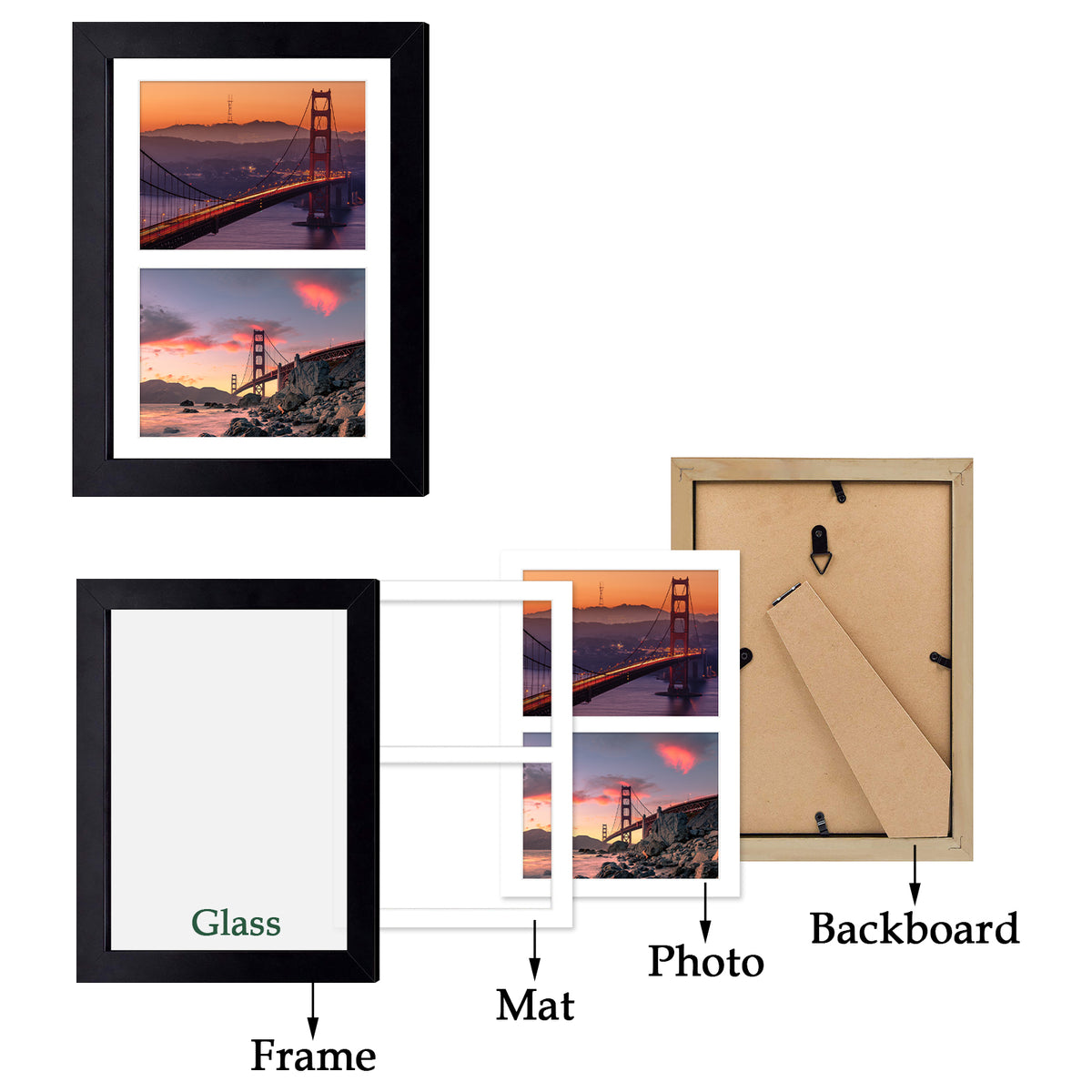 Frametory, 8.5x11 Wood Picture Frame for Two 5x7 Photos Black (10 Pack)