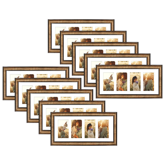 8x20 Collage Picture Frame with White Mat Displays Four 4x6 Photos Antique Gold Color (10 Pack)