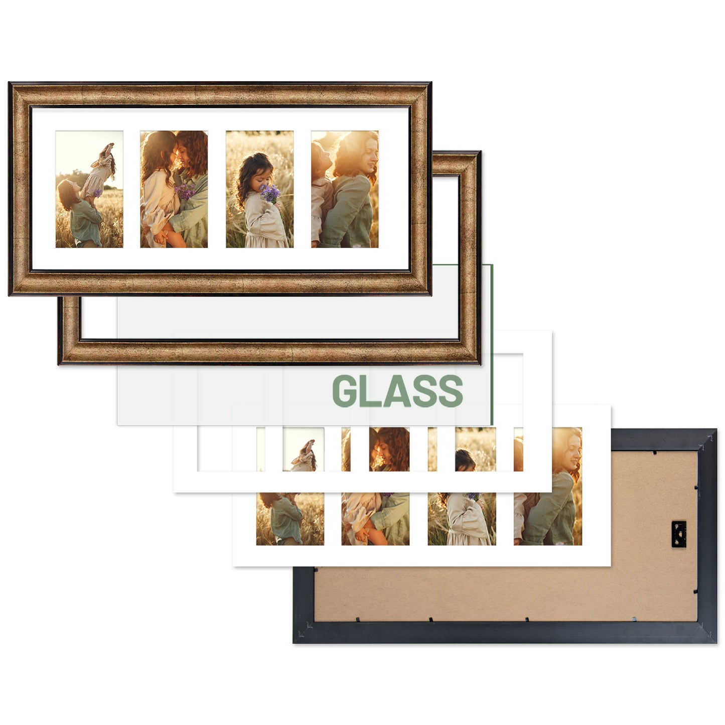 8x20 Collage Picture Frame with White Mat Displays Four 4x6 Photos Antique Gold Color (10 Pack)