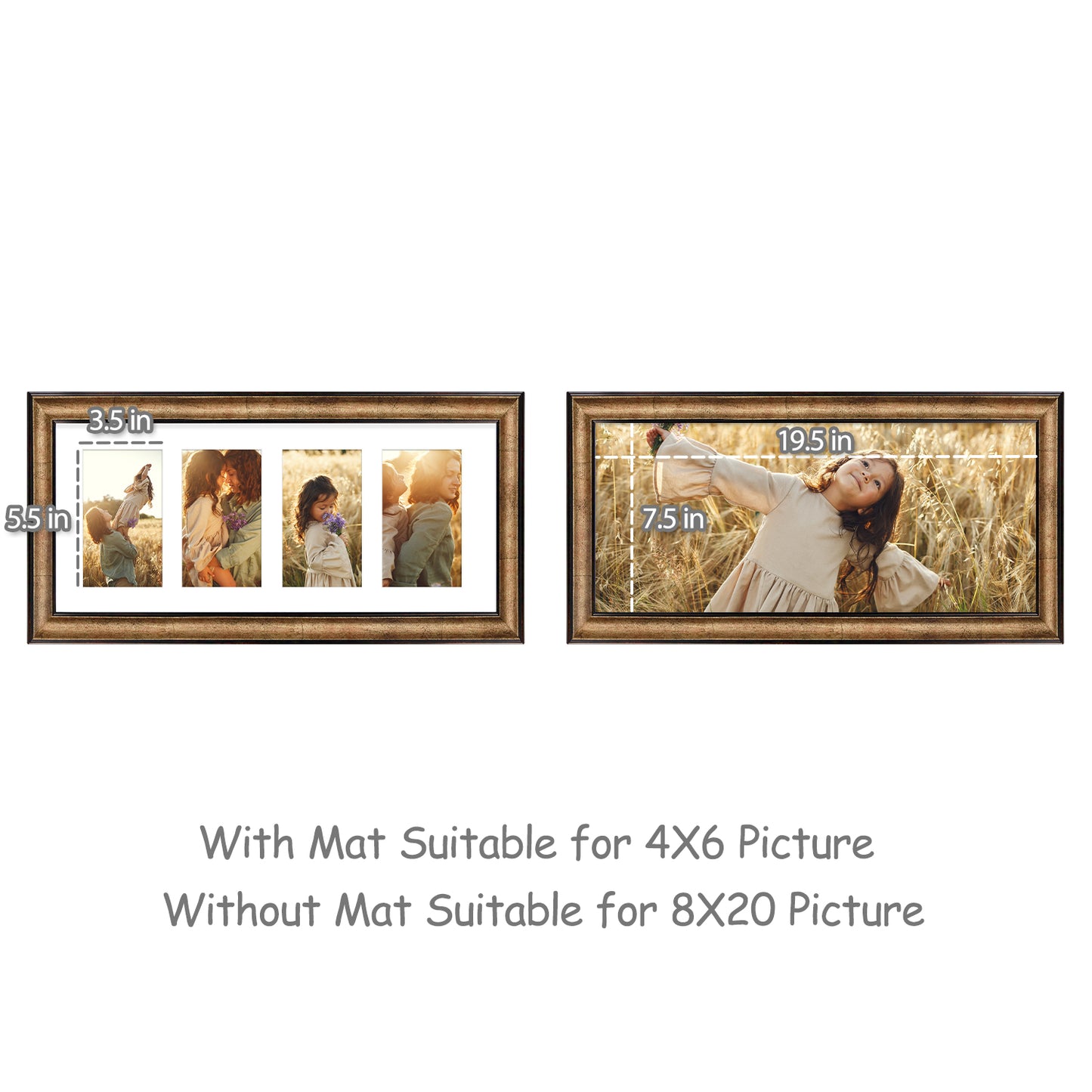 8x20 Collage Picture Frame with White Mat Displays Four 4x6 Photos Antique Gold Color (10 Pack)