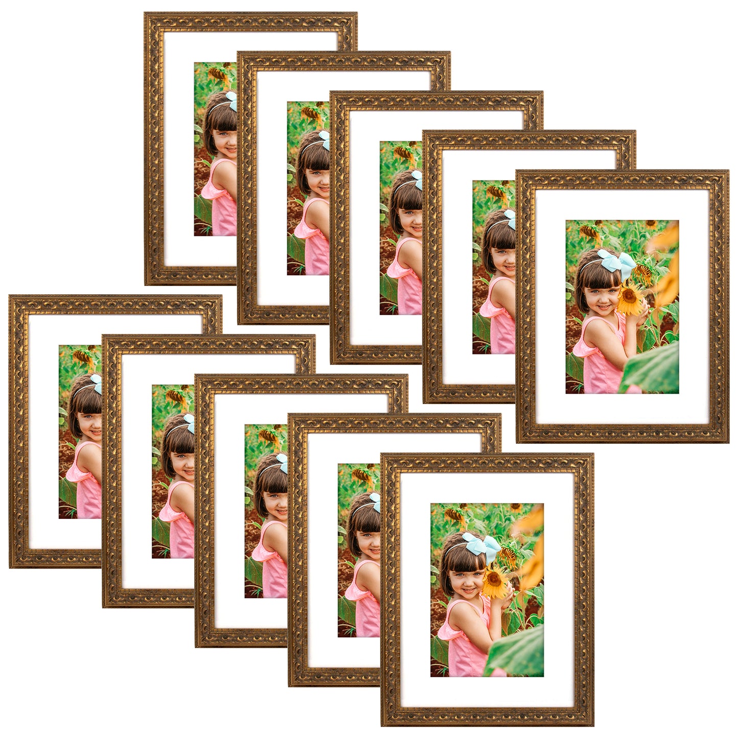 12x16 Ornate Photo Frame, Bronze Color, with White Mat for 8x12 Picture & Real Glass (10 Pack)