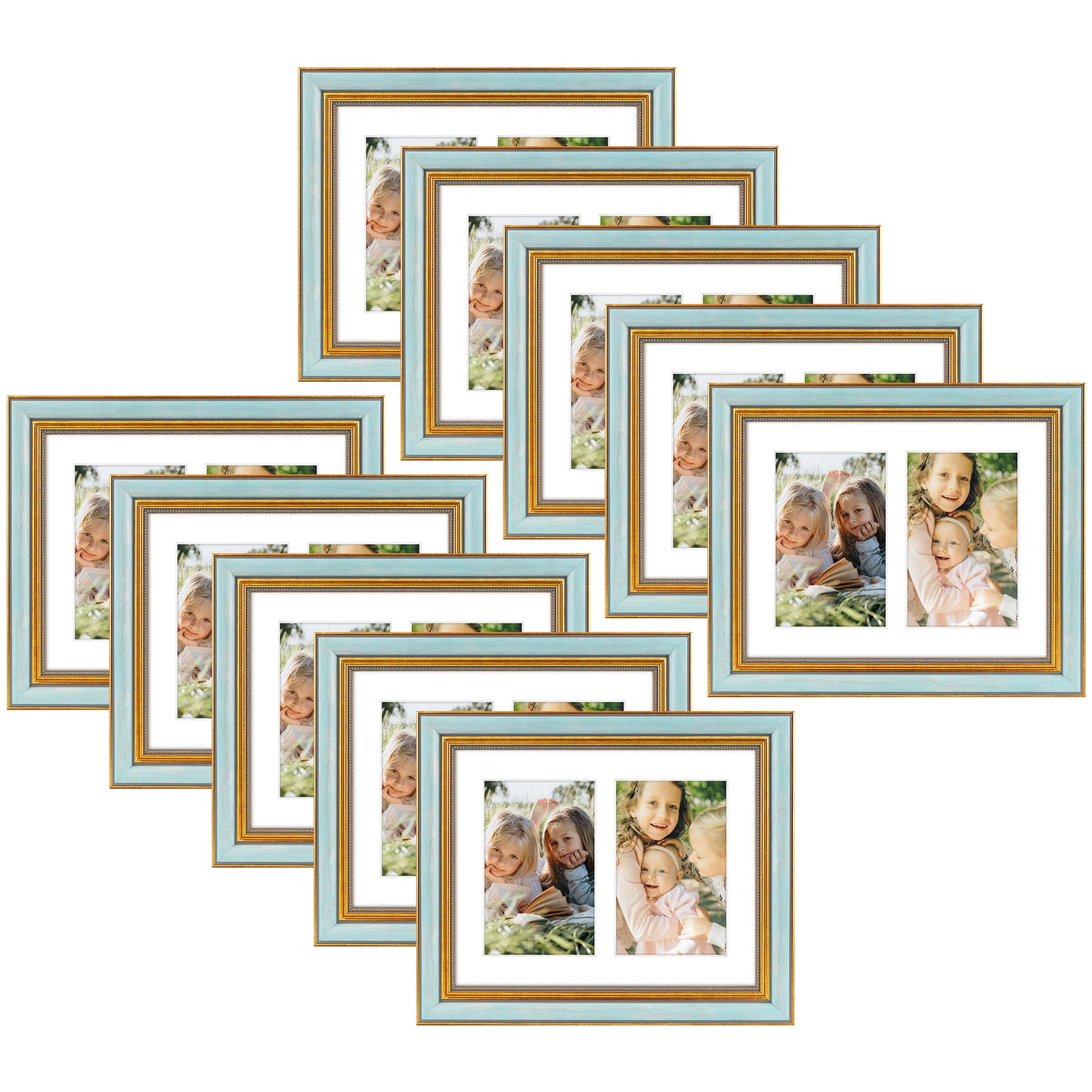 8x10 Blue Gold Collage Photo Frame for Two 4x6 Picture (10 Pack)