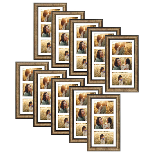 7x14 Collage Picture Frame wit White Mat Displays Three 4x6 Photo Antique Gold Color (10 Pack)