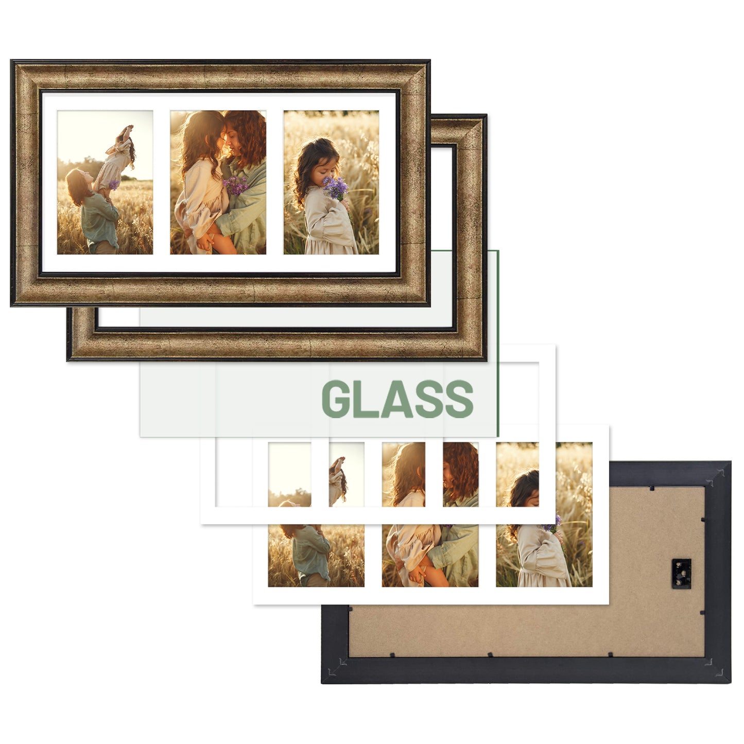 7x14 Collage Picture Frame wit White Mat Displays Three 4x6 Photo Antique Gold Color (10 Pack)
