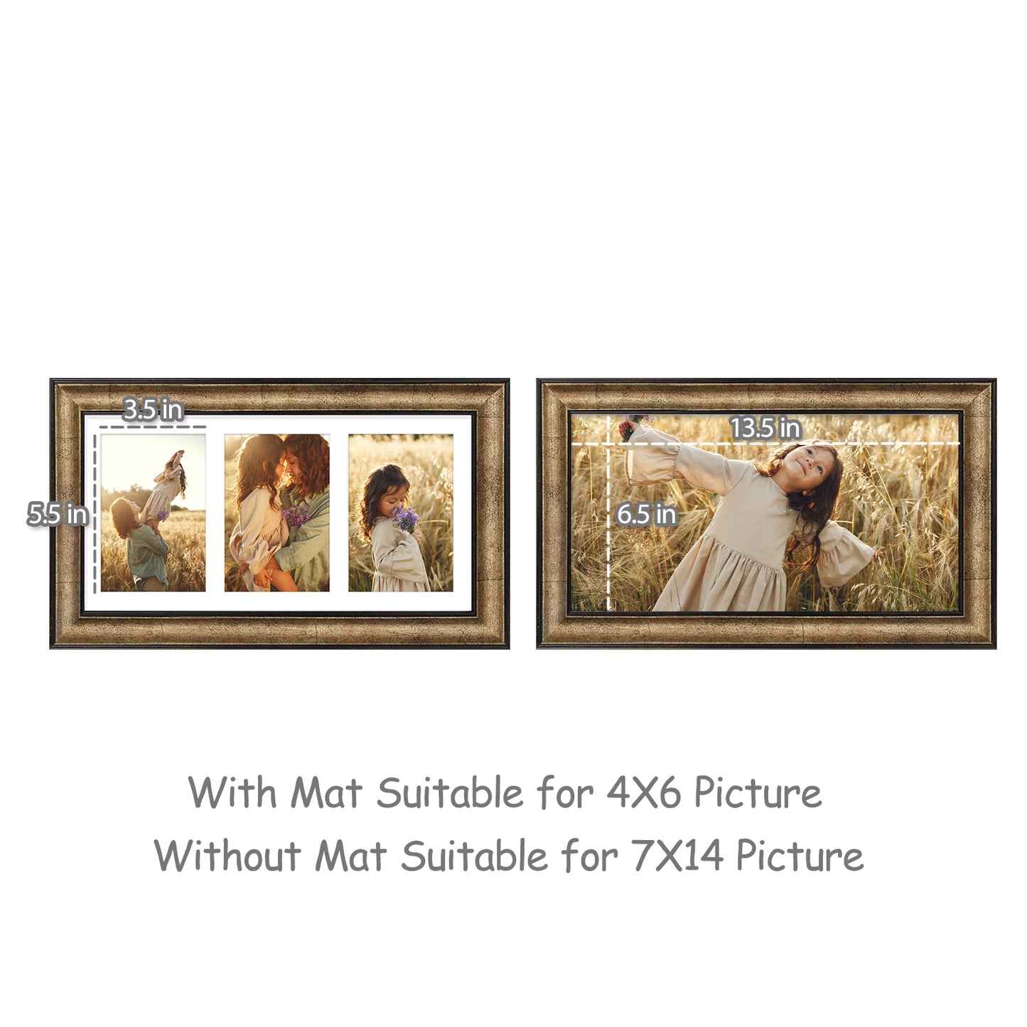 7x14 Collage Picture Frame wit White Mat Displays Three 4x6 Photo Antique Gold Color (10 Pack)