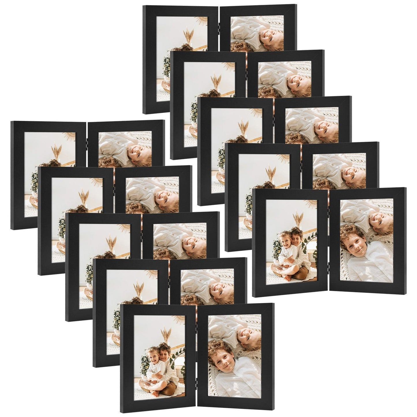 Frametory 5x7 Hinged Picture Frame Displays 2 Photos, Double Frame with Glass, Side by Side Stands Vertically on Tabletop (10 Pack)