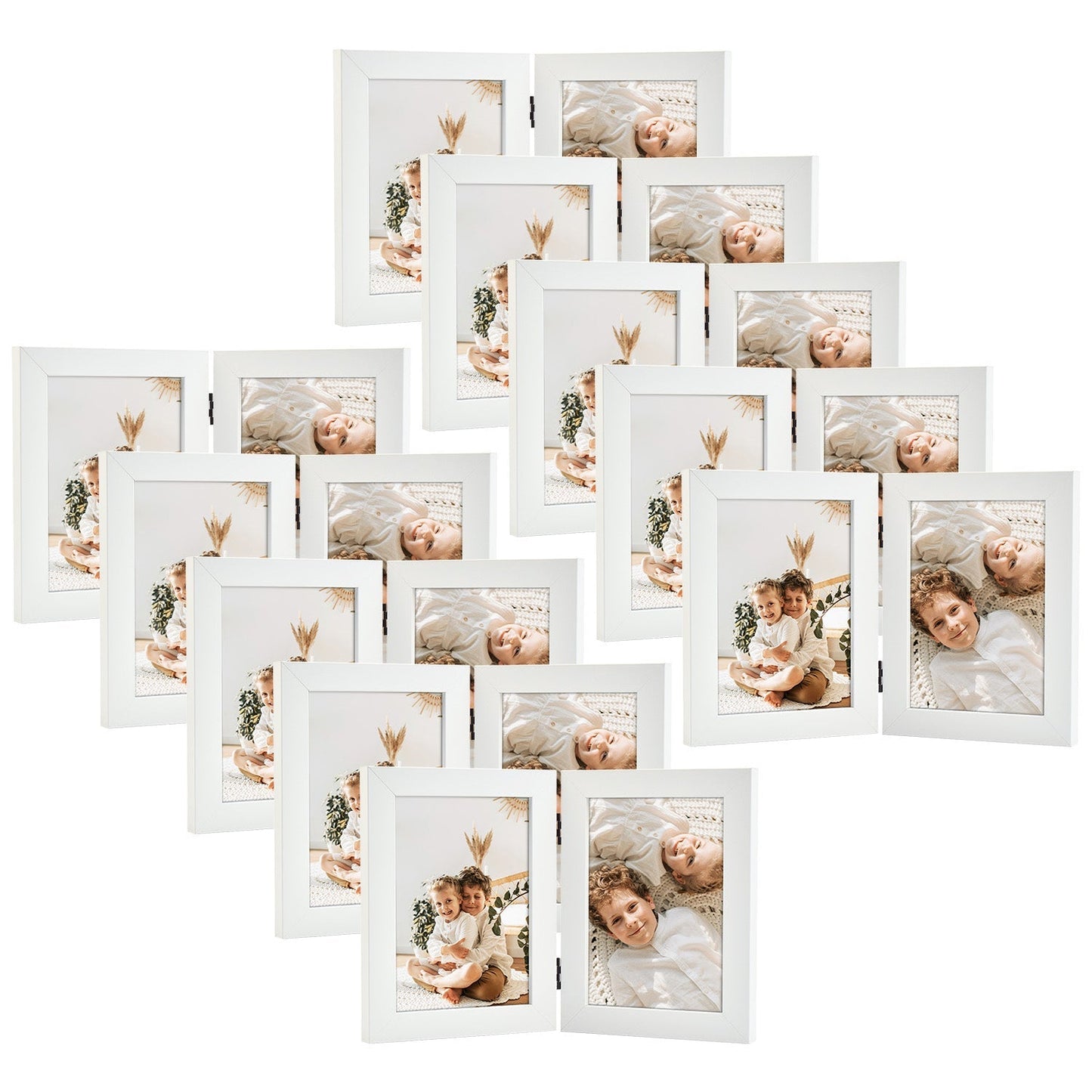 Frametory 5x7 Hinged Picture Frame Displays 2 Photos, Double Frame with Glass, Side by Side Stands Vertically on Tabletop (10 Pack)