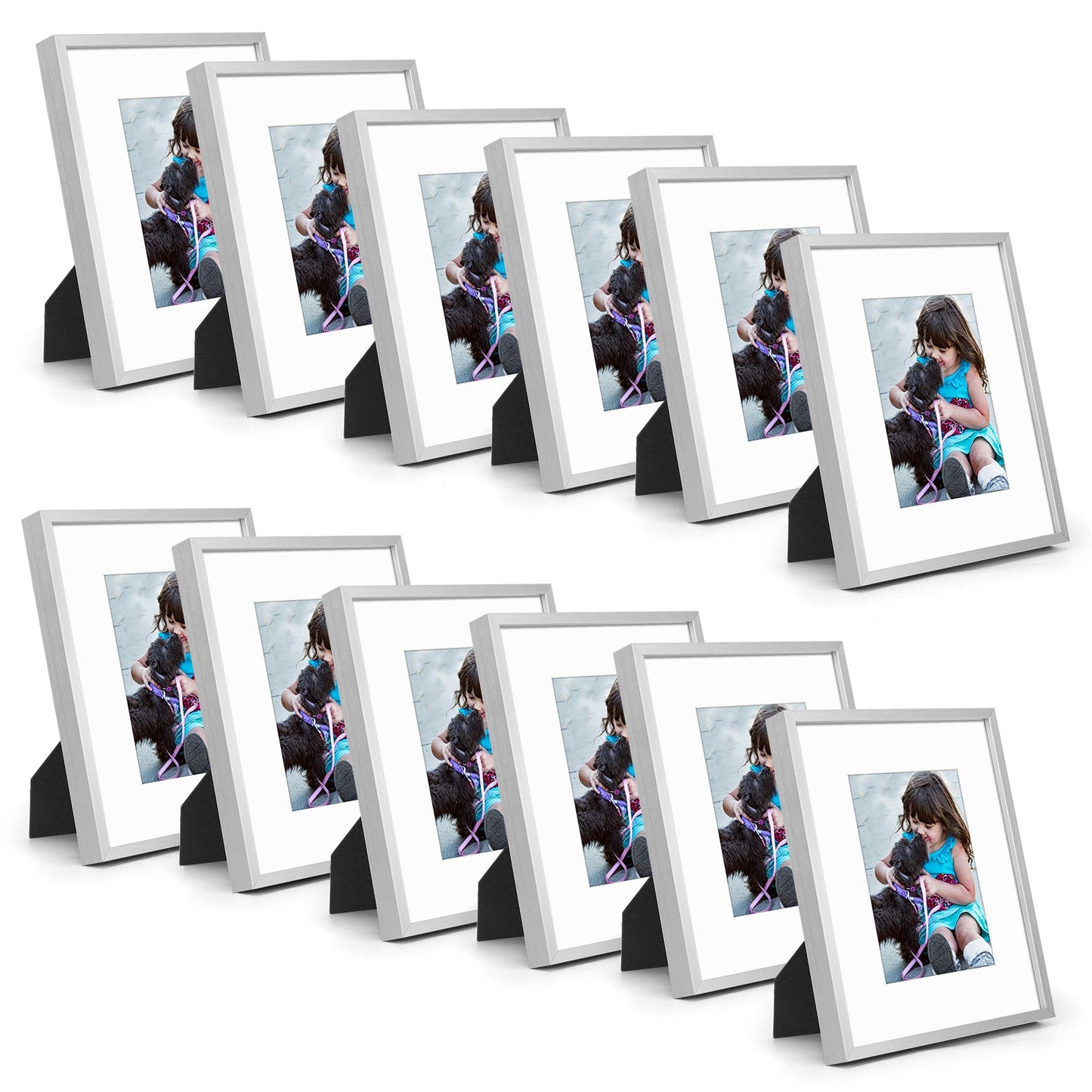 Frametory,8x10 Aluminum Picture Frame for 5x7 photo with White Mat (12 Pack)