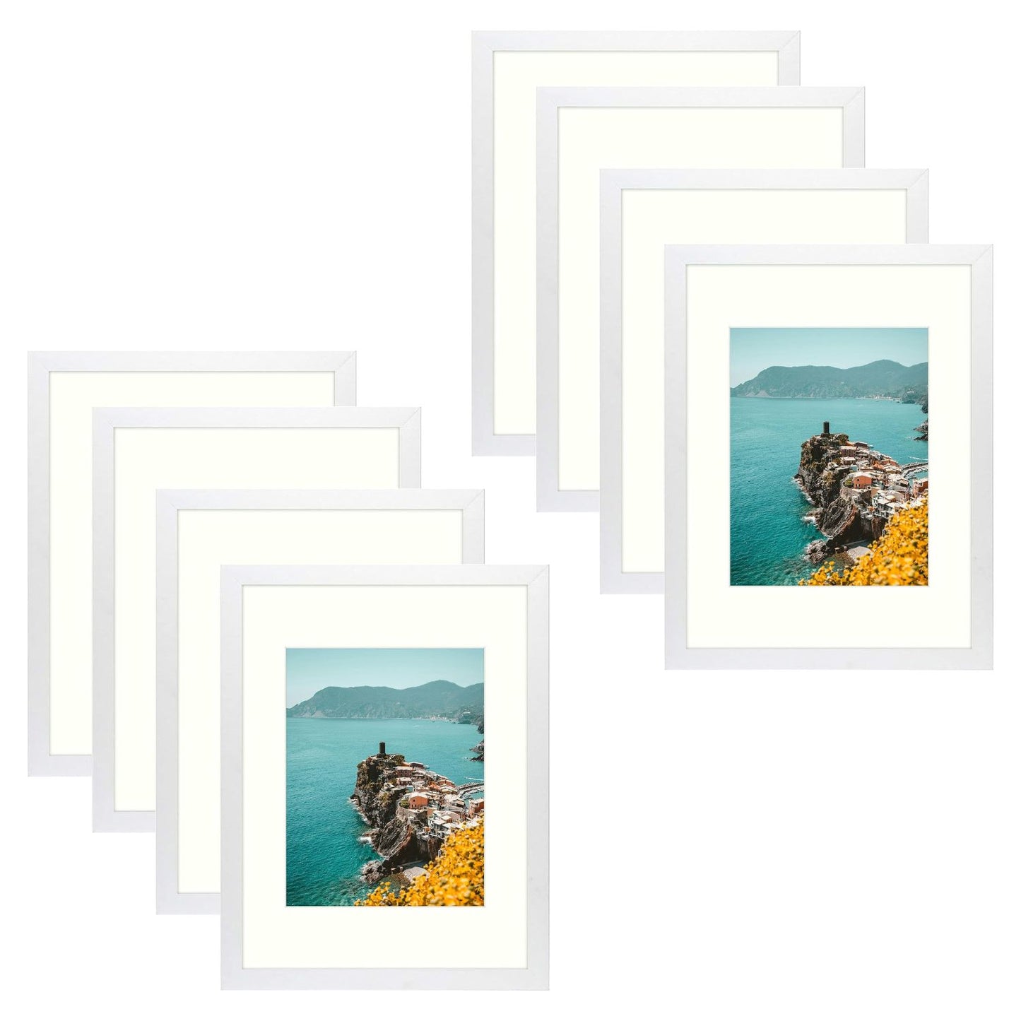 Frametory, Clearance 12x16 White Picture Frame for 8.5x11 Photo with Ivory Mat  (8 Pack)