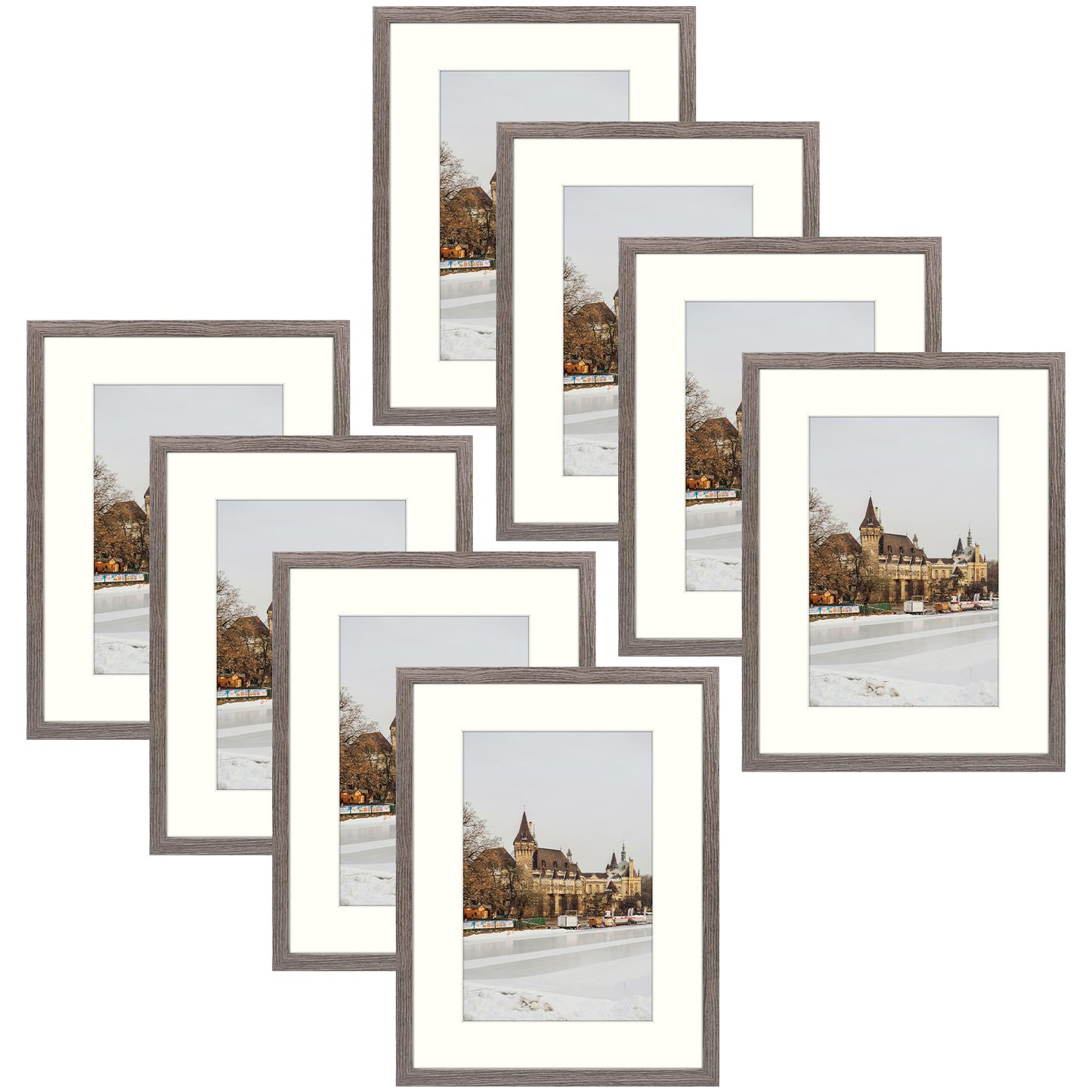 BOGO 12x16 Grey Picture Frame for 8x12 Photo with Ivory Mat and Real Glass (8 Pack)