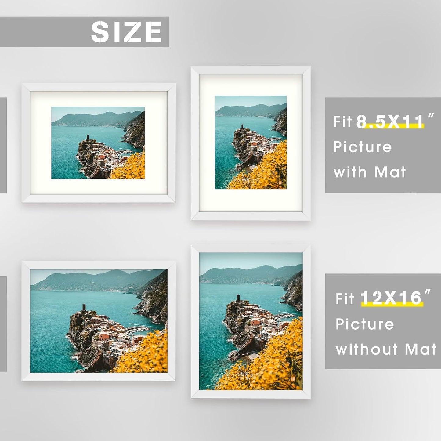Frametory, Clearance 12x16 White Picture Frame for 8.5x11 Photo with Ivory Mat  (8 Pack)