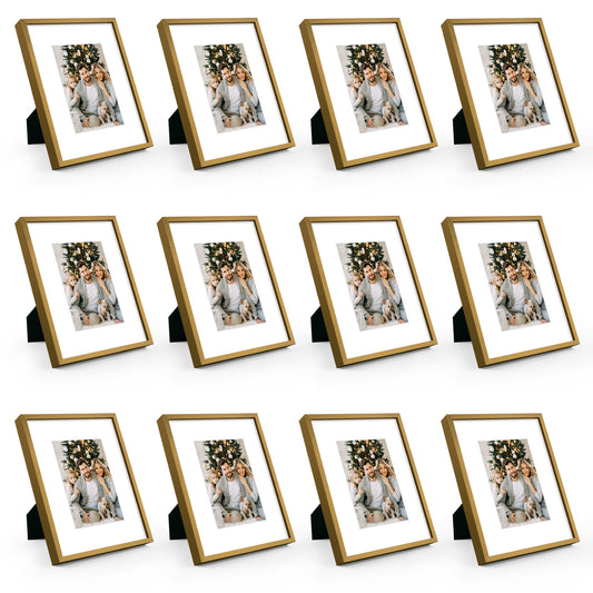 Clearance 8x10 Aluminum Picture Frame Displays 5x7 Photos with White Mat and Real Glass Bronze（12 Pack）