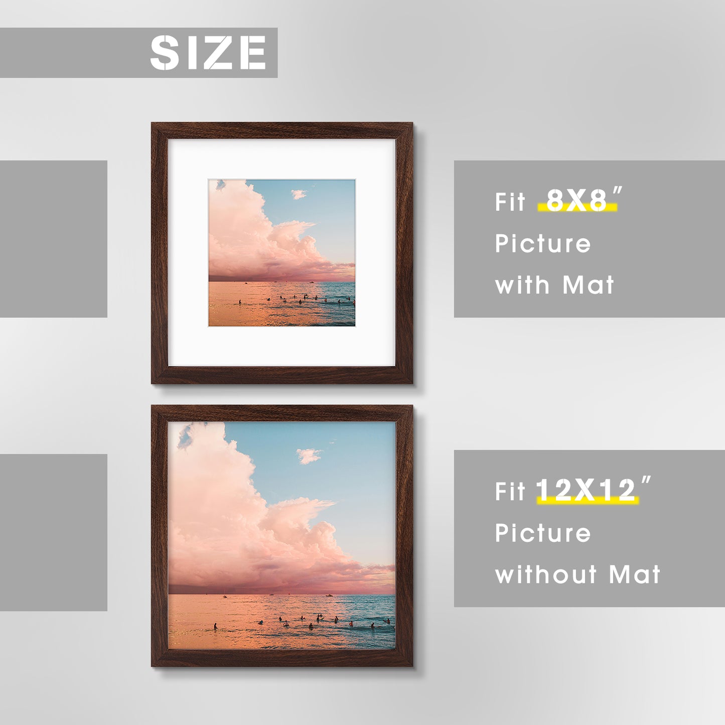 Frametory, 12x12 Picture Frame with White Mat for 8x8 Photo (9 Pack)