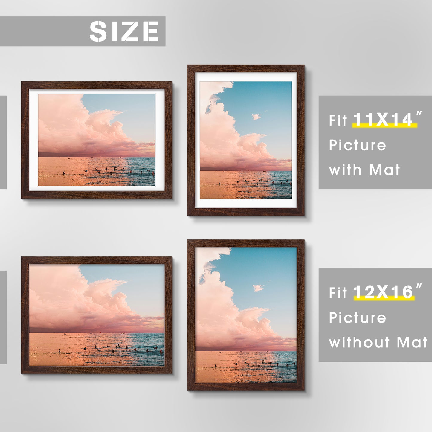 Frametory,12x16 Picture Frame for 11x14 Photo with White Mat and Plexiglass (8 Pack)