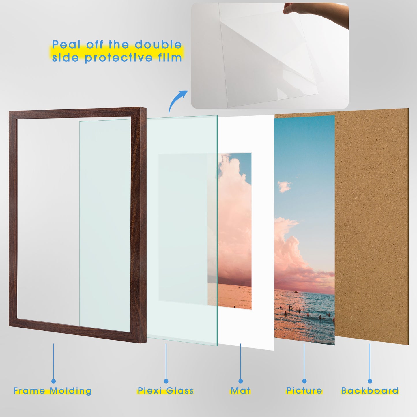 Frametory,12x16 Picture Frame for 11x14 Photo with White Mat and Plexiglass (8 Pack)